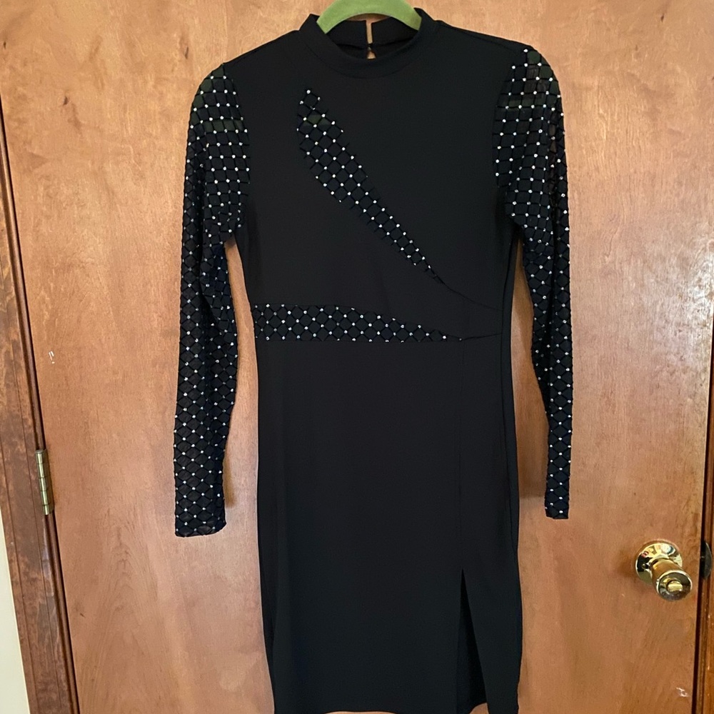 Sexy black bodycon cocktail dress with sheer cutouts size L